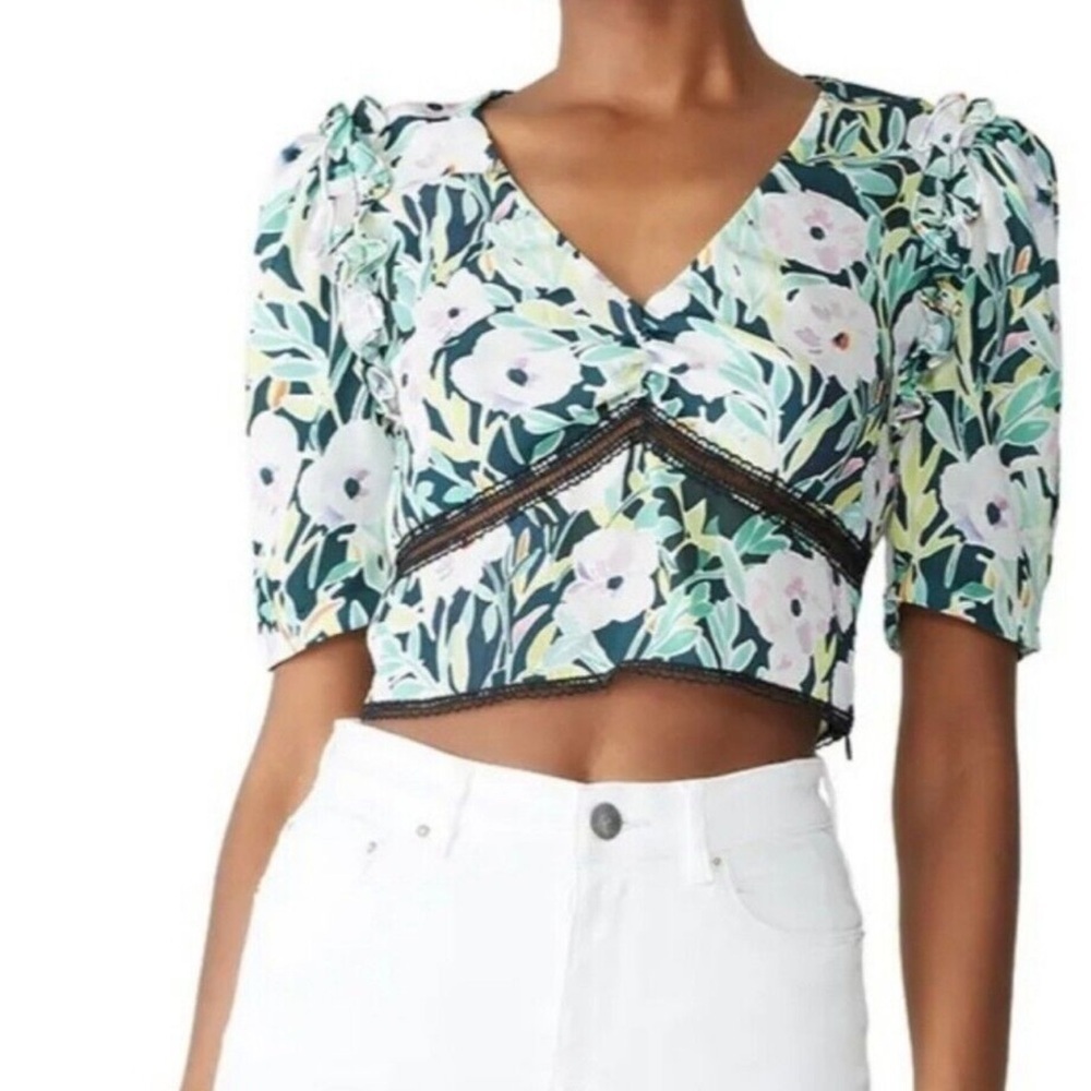 SAYLOR Marine Black and White/ Floral Puff Sleeve Blouse size Small